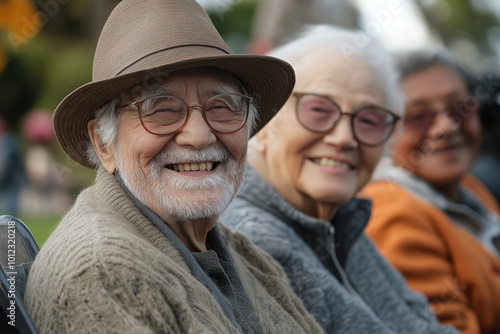 Three elderly women are smiling and wearing hats and glasses