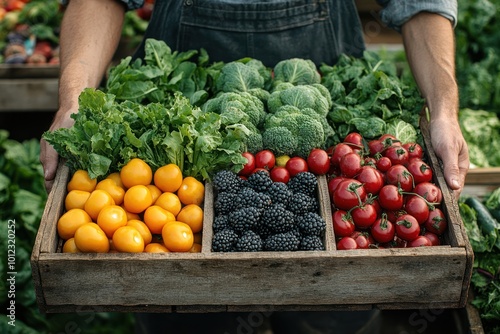 A farmer holds a wooden crate filled with fresh produce, including tomatoes, blackberries, yellow tomatoes, and leafy greens.