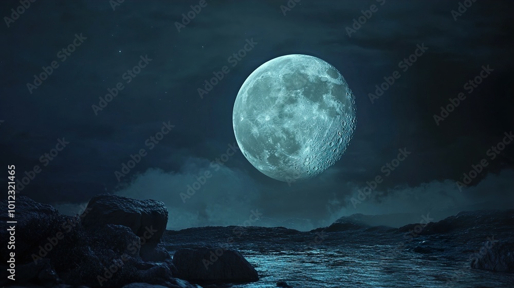 Fototapeta premium Full Moon Over the Ocean: A Serene Night Sky Landscape