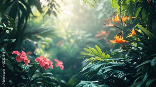 Lush Tropical Garden with Vibrant Flowers and Light