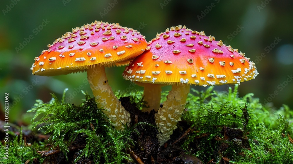 Fototapeta premium Vibrant Red Mushrooms in Natural Setting