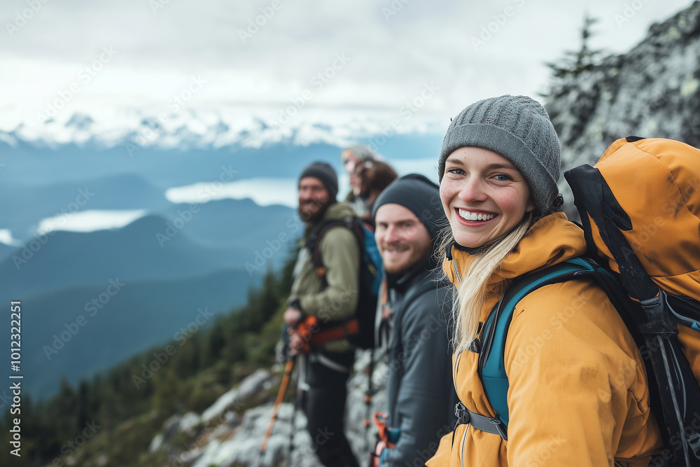A group of people are smiling and posing for a photo on a mountain A group of people are smiling and posing for a photo on a mountain