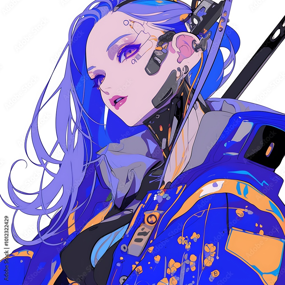 Obraz premium Cyberpunk Anime Girl with Purple Hair and Blue Jacket Holding a Sword