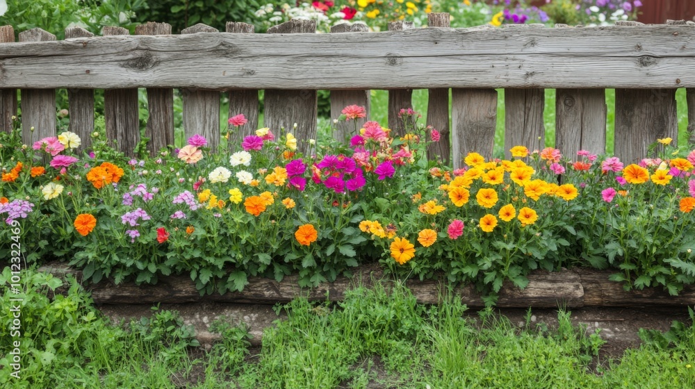 Fototapeta premium Colorful Flowers Blooming Along a Rustic Wooden Fence