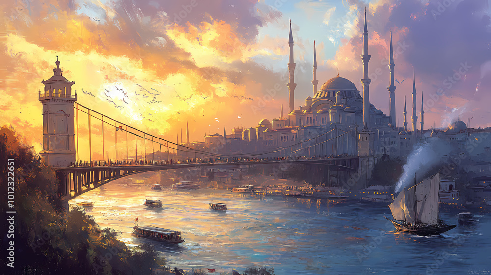 Fototapeta premium Turkish bridge and cityscape, oil painting, bridge, city, skyline, istanbul. Ottoman Palace. Illustration