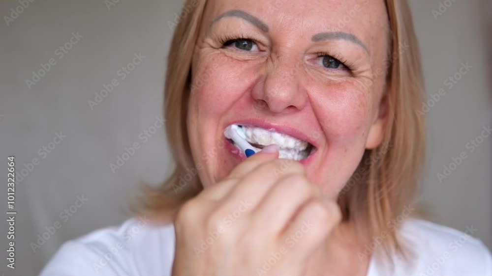 adult woman brushing her teeth Brushing Teeth with a Paste and Tooth Brush a Close up Shot of Woman Lips