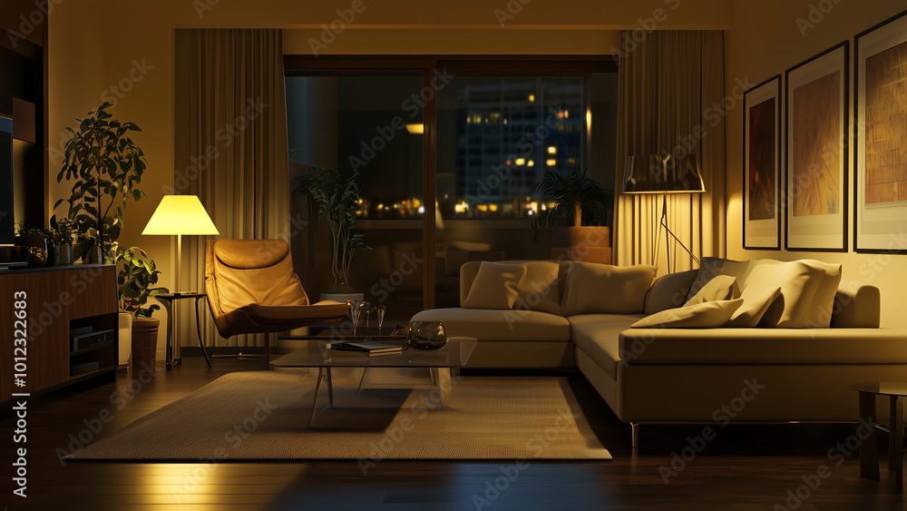 Fototapeta premium Modern Living Room in Dark Beige at Night
