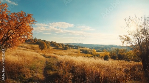 Serene Autumn Landscape with Golden Fields and Blue Sky