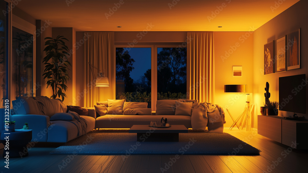Fototapeta premium Modern Living Room in Dark Beige at Night