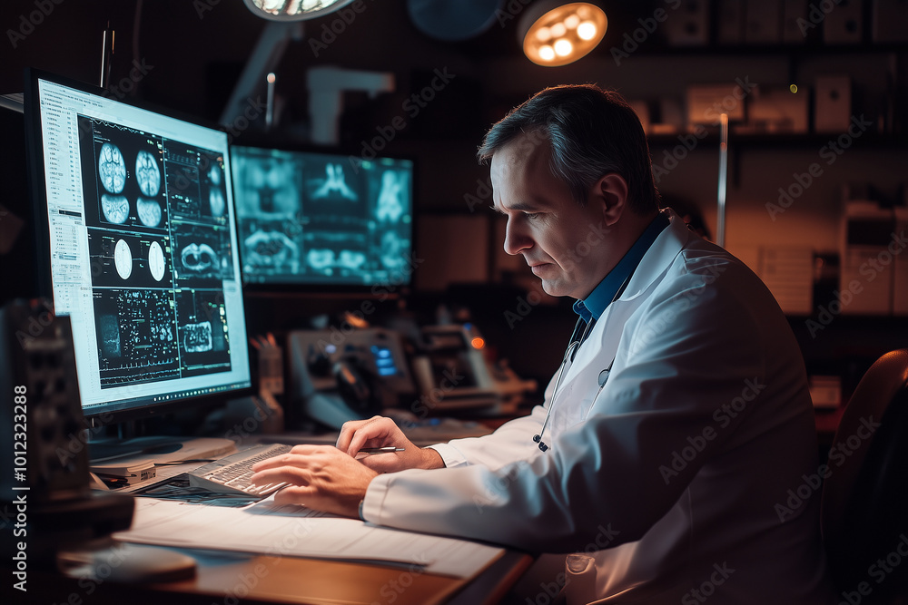 A man in a white lab coat is working on a computer with two monitors A man in a white lab coat is working on a computer with two monitors