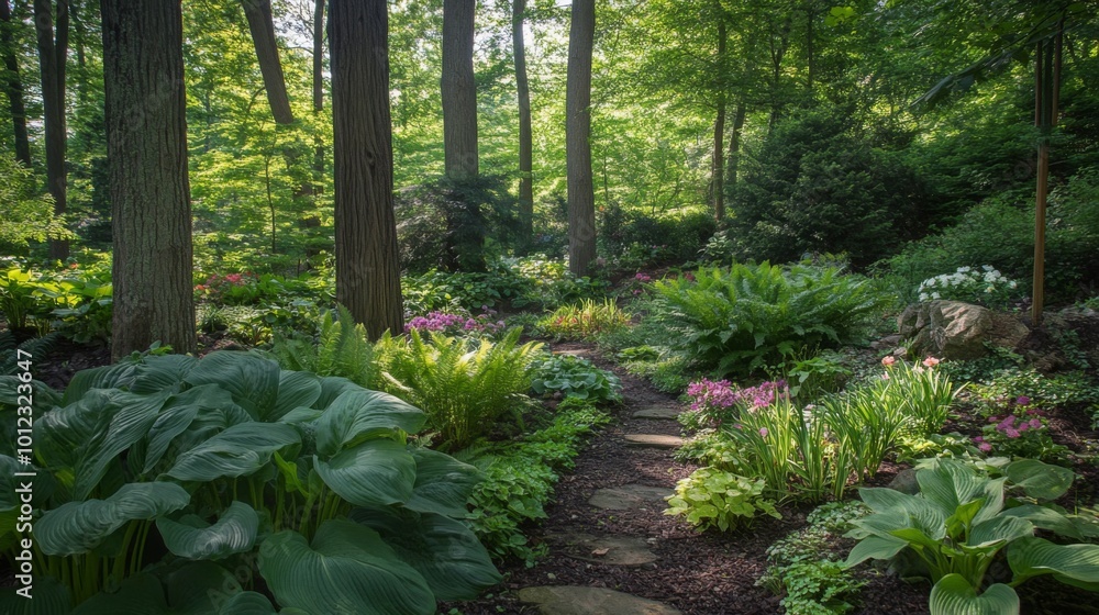 Obraz premium A Sun-Dappled Forest Path Lined with Lush Greenery