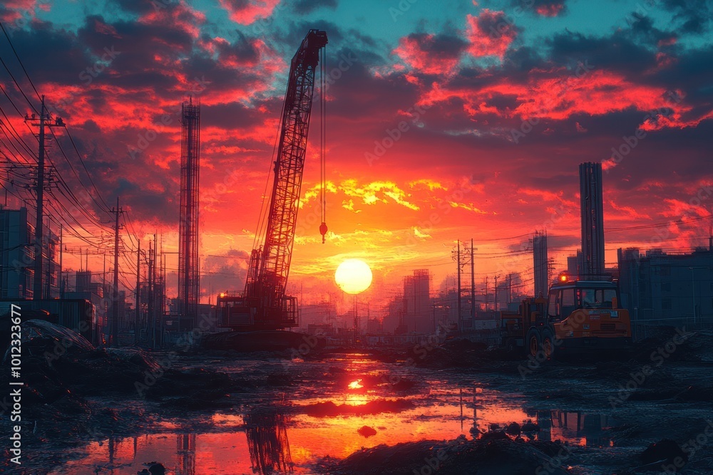 Obraz premium A construction crane stands tall against a stunning sunset over a city skyline.