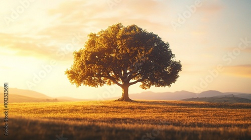 Majestic Tree Standing Alone in Golden Landscape