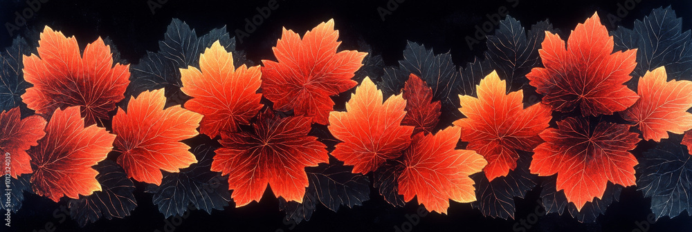 Vibrant red and orange leaves against a dark background. Vibrant red and orange leaves against a dark background.