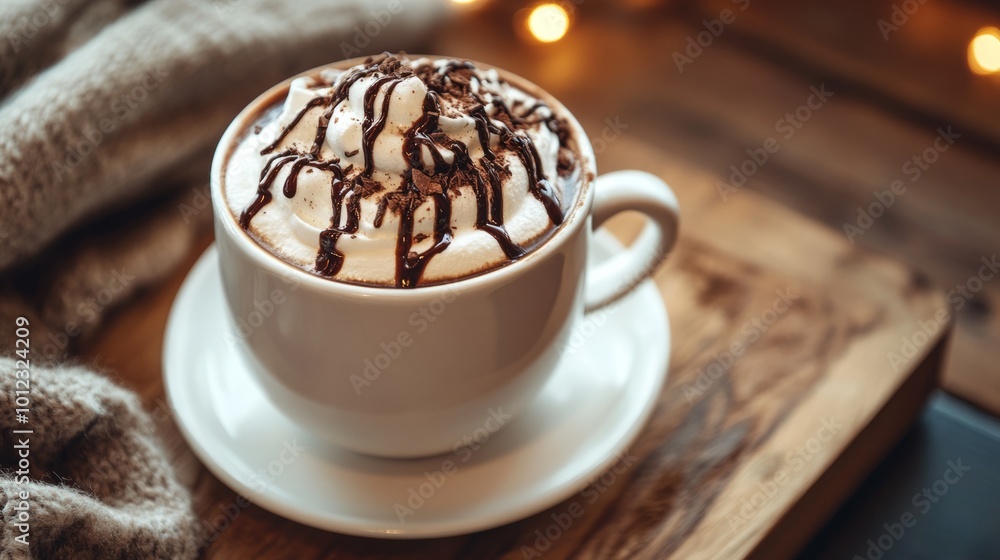 Mocha coffee topped with whipped cream and chocolate drizzle, cozy coffee shop atmosphere generative ai Mocha coffee topped with whipped cream and chocolate drizzle, cozy coffee shop atmosphere generative ai