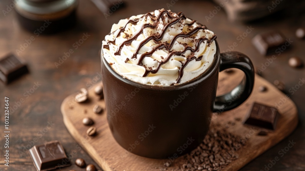 Mocha coffee topped with whipped cream and chocolate drizzle, cozy coffee shop atmosphere generative ai Mocha coffee topped with whipped cream and chocolate drizzle, cozy coffee shop atmosphere generative ai