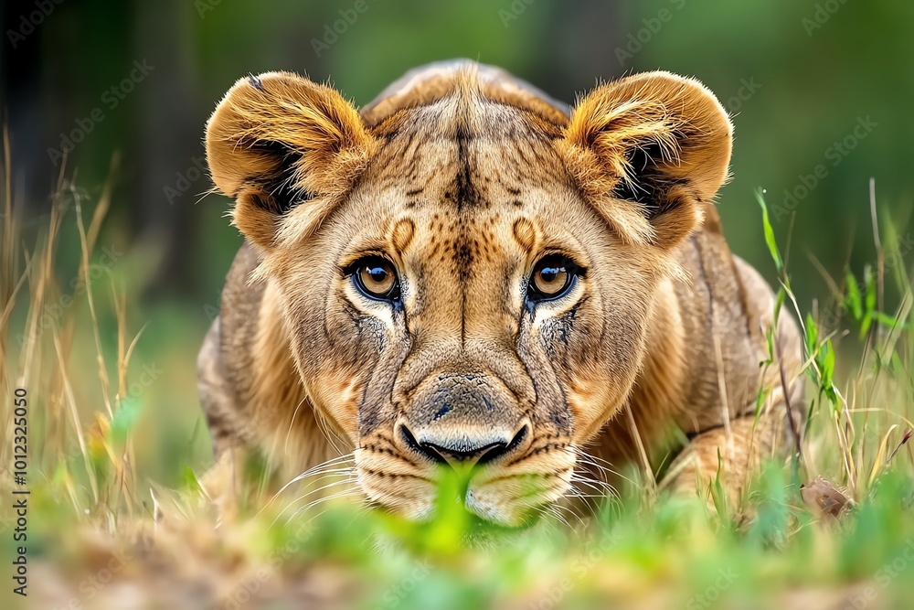 Naklejka premium A lioness stalking prey through the tall grass, her eyes focused and body low to the ground, symbolizing the fierce hunting prowess of the Big Five predator