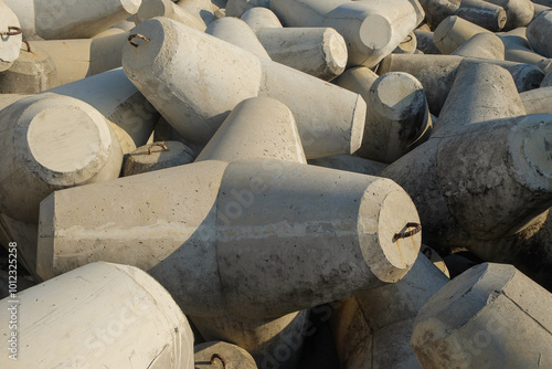 Concrete wave breakers on the beach with abstract shapes, patterns and textures. Wave breakers to prevent beach erosion due to waves. Triangular star shape