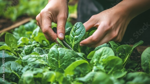 Hands Harvesting Fresh Spinach in a Garden