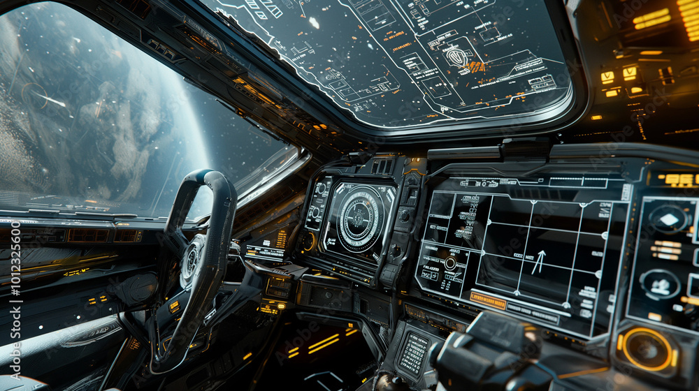 Inside a Futuristic Spaceship: Cockpit with Large Digital Controls Inside a Futuristic Spaceship: Cockpit with Large Digital Controls