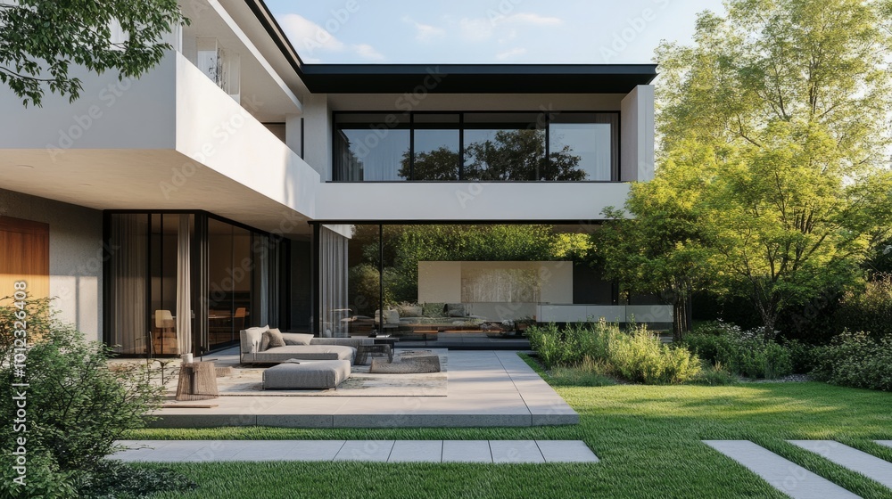 Fototapeta premium Modern architecture with outdoor patio and garden generative ai
