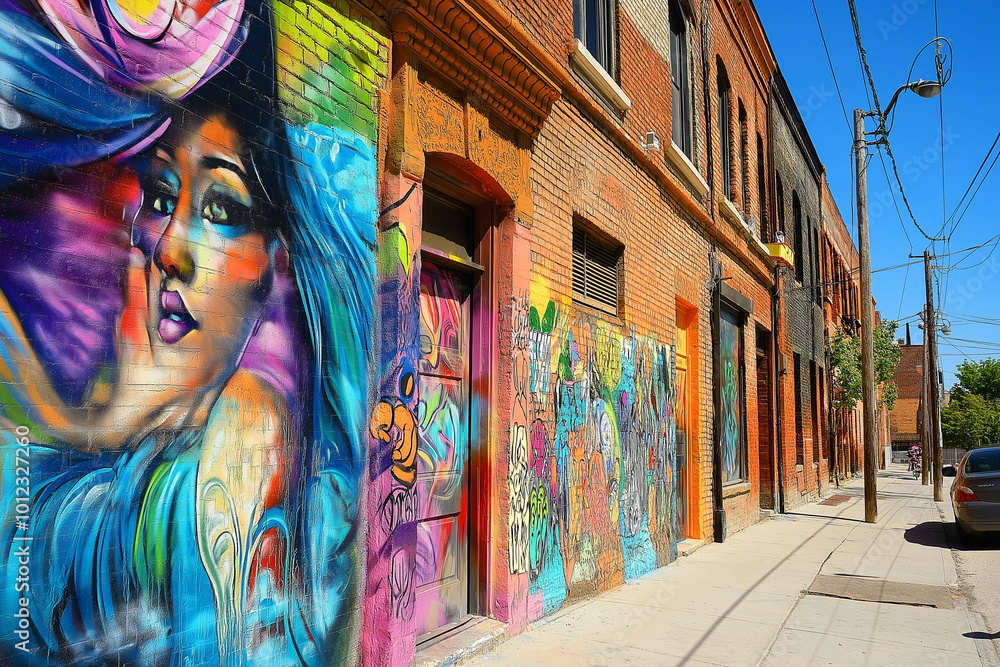A colorful mural of a woman is painted on a brick wall A colorful mural of a woman is painted on a brick wall