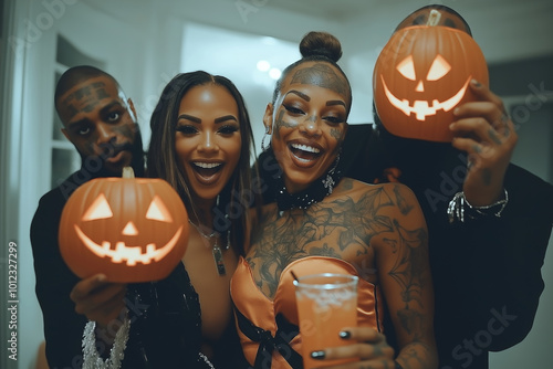 group of friends joyfully celebrate Halloween, showcasing their festive costumes and holding carved pumpkins. Their vibrant expressions and playful atmosphere capture spirit of holiday photo