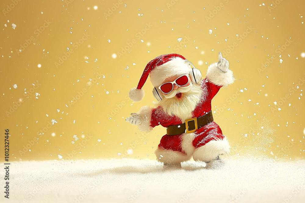Dancing Santa Claus in festive red suit with headphones and sunglasses, surrounded by snowflakes against golden background, radiating joy and holiday spirit Dancing Santa Claus in festive red suit with headphones and sunglasses, surrounded by snowflakes against golden background, radiating joy and holiday spirit