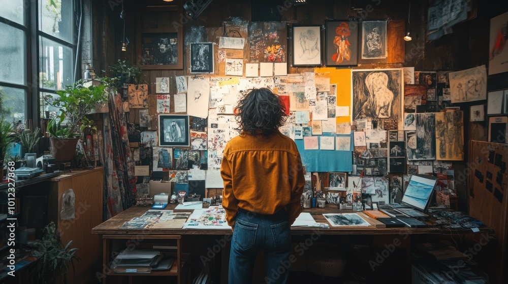 A young artist in their studio stands in front of a wall of inspiration. A young artist in their studio stands in front of a wall of inspiration.