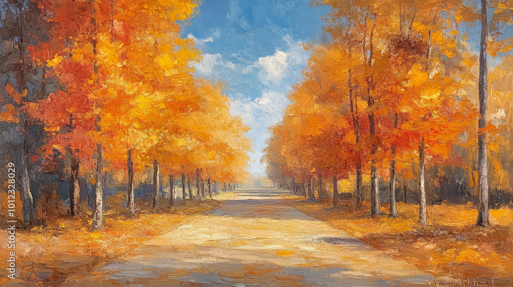 A picturesque autumn scene with vibrant foliage lining a country road.