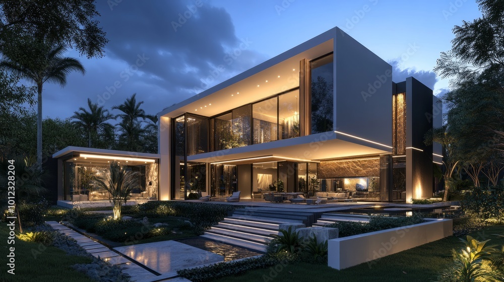 Modern home with geometric design, landscaped yard, and outdoor lighting generative ai Modern home with geometric design, landscaped yard, and outdoor lighting generative ai