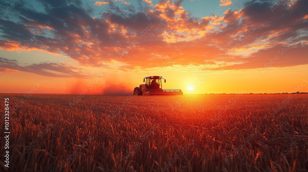 Fototapeta premium A tractor working in a field at sunset with a dramatic sky.