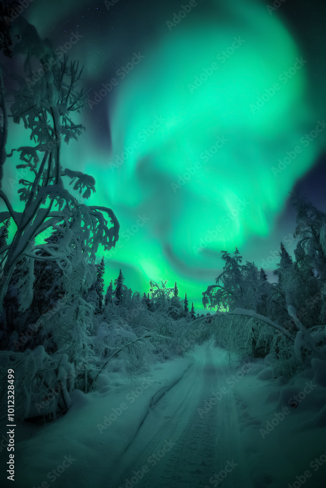 Fototapeta premium Intense bands of Northern lights or Aurora borealis or Polar lights dancing on night sky. Stunning aurora borealis display over a snowy road at night.
