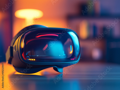 Close-up of a modern virtual reality headset on a wooden table, illuminated by soft, warm lighting. The sleek design and vibrant reflections emphasize the immersive nature of VR technology.