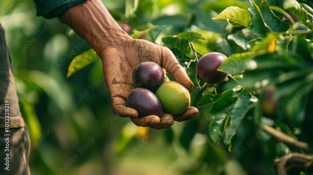 Obraz premium Close-up of Hand Holding Passion Fruit and Unripe Fruit on Branch
