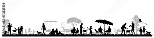 Family silhouettes. Groups of people, father, mother and children had a picnic in nature. Vector illustration	
