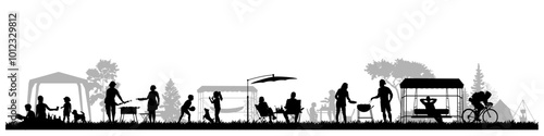 Family silhouettes. Groups of people, father, mother and children had a picnic in nature. Vector illustration	
