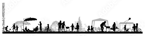 Family silhouettes. Groups of people, father, mother and children had a picnic in nature. Vector illustration	

