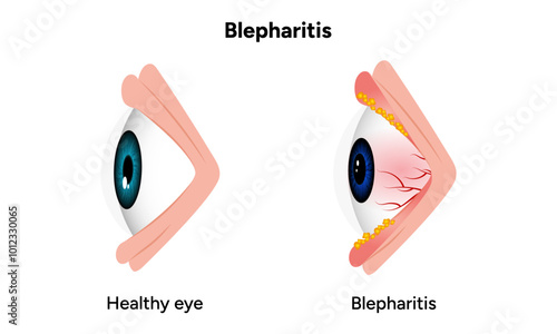 Blepharitis eye disease. Ophthalmology Inflamed sick human eye and healthy eye