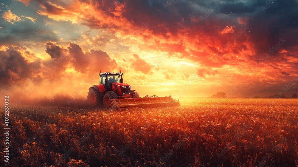 Fototapeta premium A red tractor plows a field at sunset, with a dramatic sky full of fiery clouds.