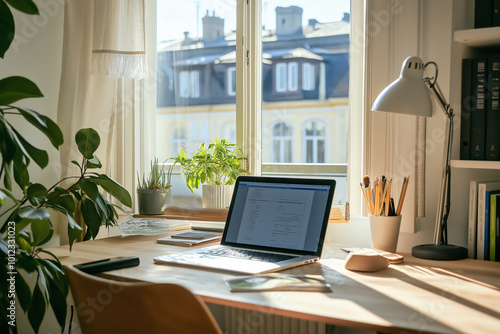 A laptop is on a desk in front of a window