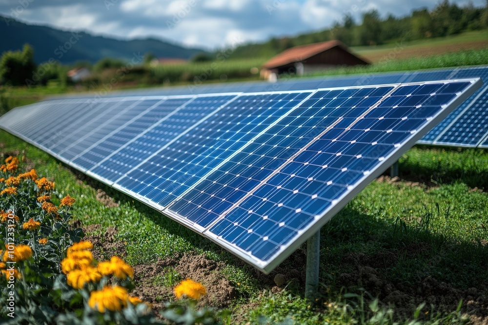 Solar panels in a field with flowers, blue sky and mountains in the background. Solar panels in a field with flowers, blue sky and mountains in the background.