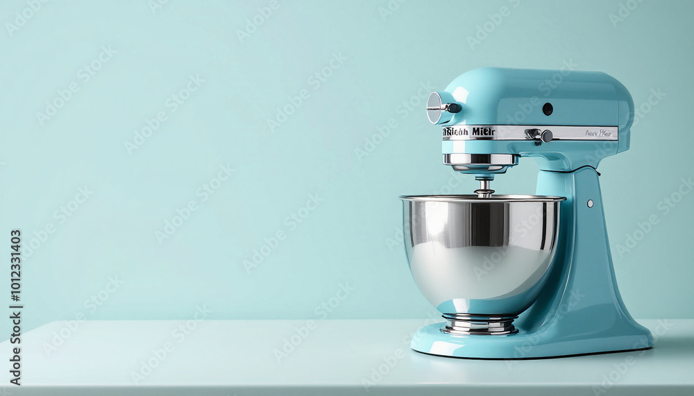 A sleek turquoise stand mixer with a shiny stainless steel bowl against a matching pastel background. The design is modern and eye-catching.
A sleek turquoise stand mixer with a shiny stainless steel bowl against a matching pastel background. The design is modern and eye-catching.