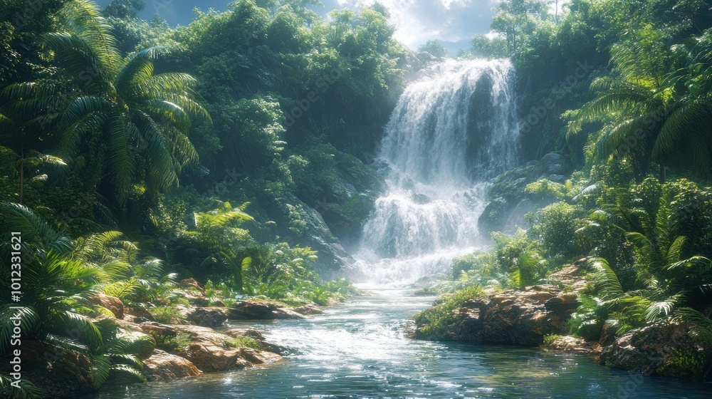 Lush tropical waterfall surrounded by vibrant greenery and water. Lush tropical waterfall surrounded by vibrant greenery and water.