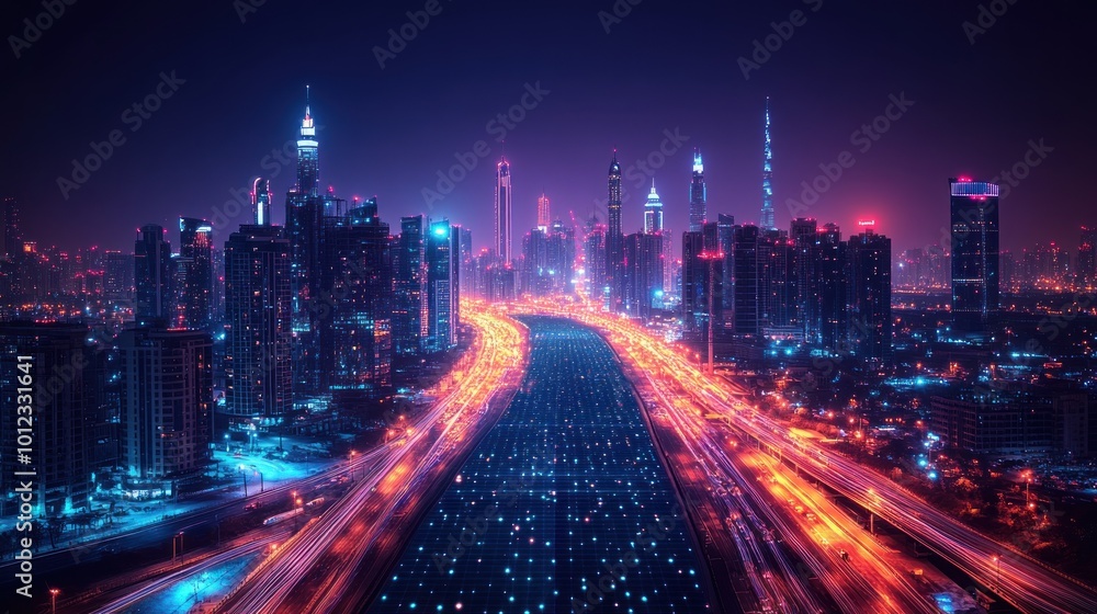 A vibrant city skyline at night, with illuminated skyscrapers and glowing traffic trails. A vibrant city skyline at night, with illuminated skyscrapers and glowing traffic trails.