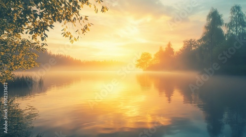 Serene Sunrise Reflection Over Calm Water Landscape