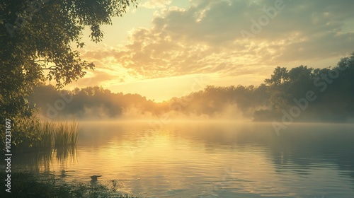 Serene Sunrise Over Misty Lake Landscape