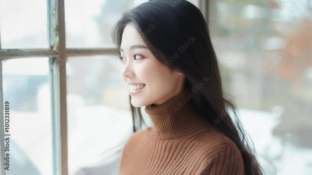 Smiling Woman by Window in Soft Natural Light Portrait Smiling Woman by Window in Soft Natural Light Portrait