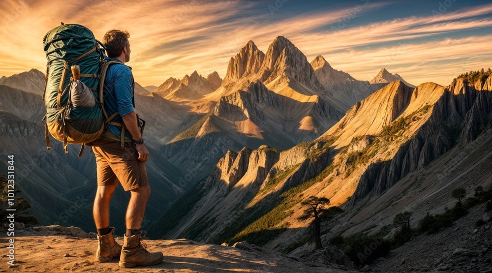a traveler gazing at majestic mountains with a backpack in tow a traveler gazing at majestic mountains with a backpack in tow