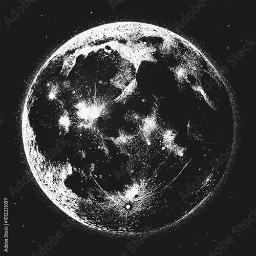 Moon with detailed rugged surface texture, craters and high contrast in stippling style. Grunge black and white retro styled dotwork. Pointillism. Noisy grainy shading using dots. Vector illustration